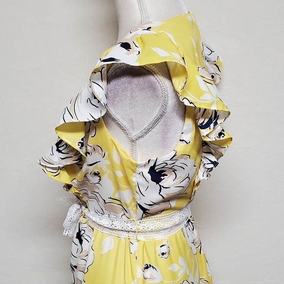 Eliza J Yellow Floral Flutter Sleeve Lace Tie-Waist Midi Summer Dress 8 - Picture 7 of 13